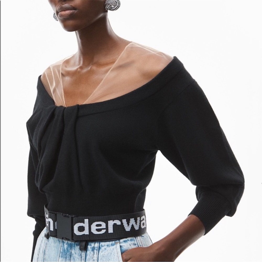 EUC Alexander Wang Black Illusion Tulle Yoke Pullover In Cashmere M $598